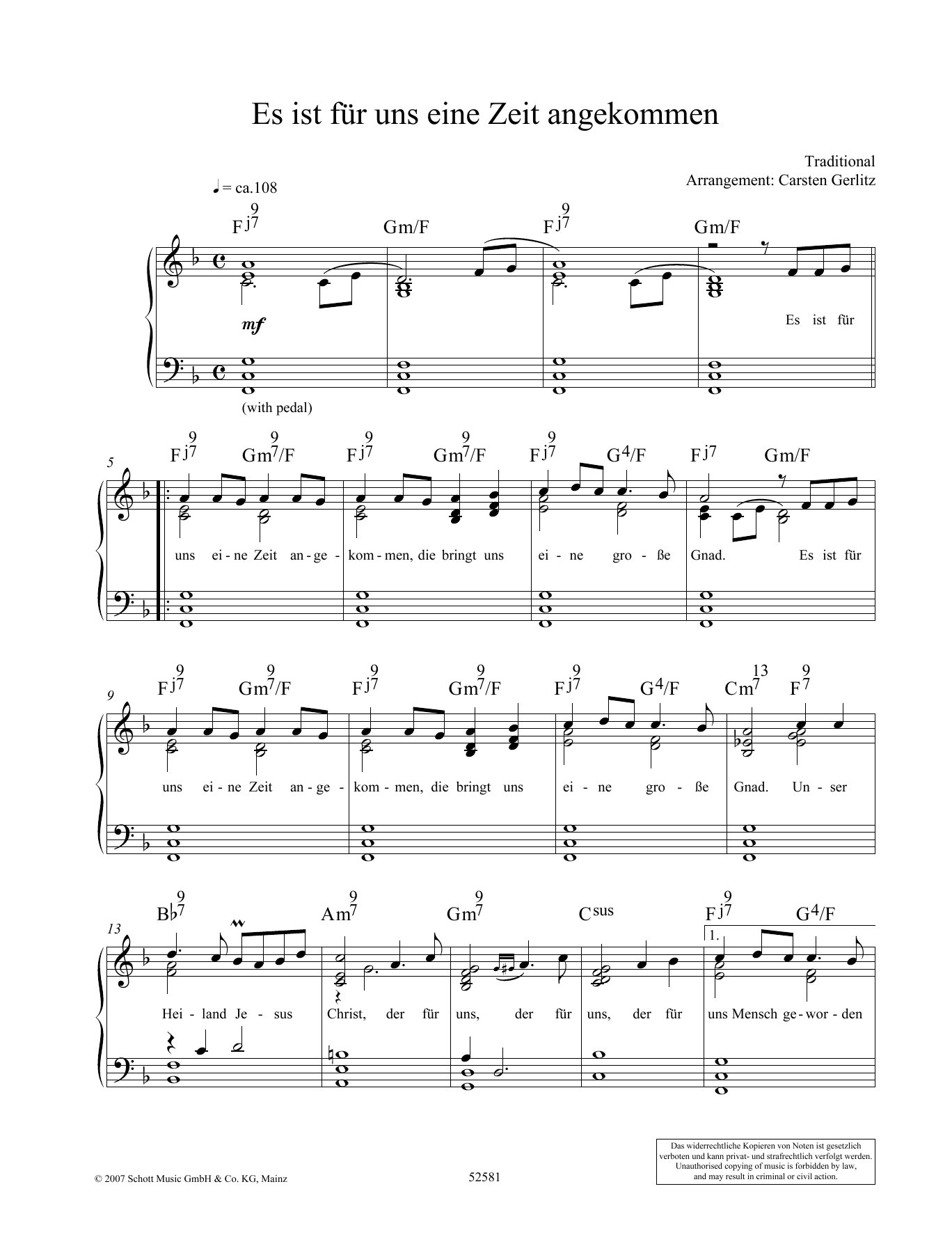 Carsten Gerlitz Es ist fur uns eine Zeit angekommen sheet music notes and chords arranged for Piano Solo