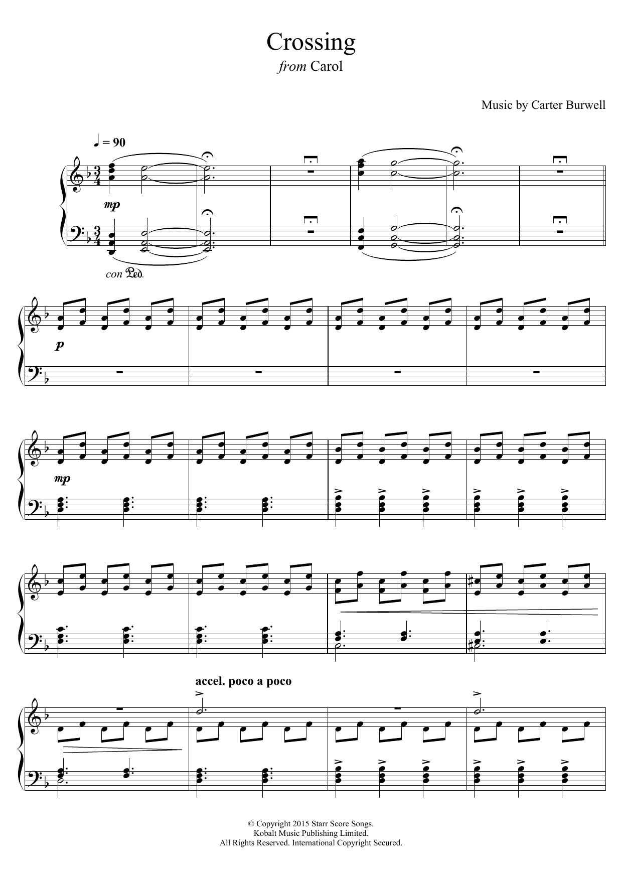 Learn to play Carter Burwell Crossing (from 'Carol') sheet music for Piano Solo in minutes. Price: 7.8900$ Carter Burwell Crossing (from 'Carol') sheet music notes and chords arranged for Piano Solo