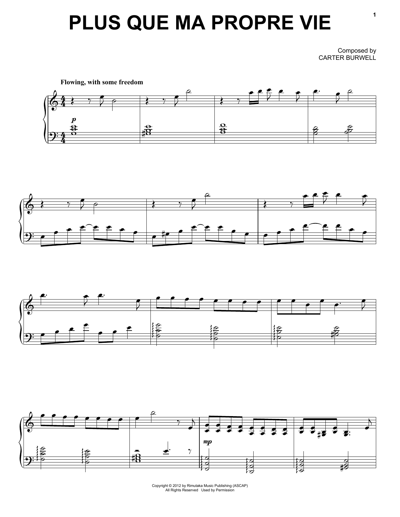 Carter Burwell Plus Que Ma Propre Vie sheet music notes and chords. Download Printable PDF.