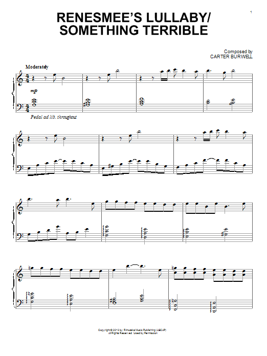 Learn to play Carter Burwell Renesmee's Lullaby/Something Terrible sheet music for Piano Solo in minutes. Price: 7.8900$ Carter Burwell Renesmee's Lullaby/Something Terrible sheet music notes and chords arranged for Piano Solo