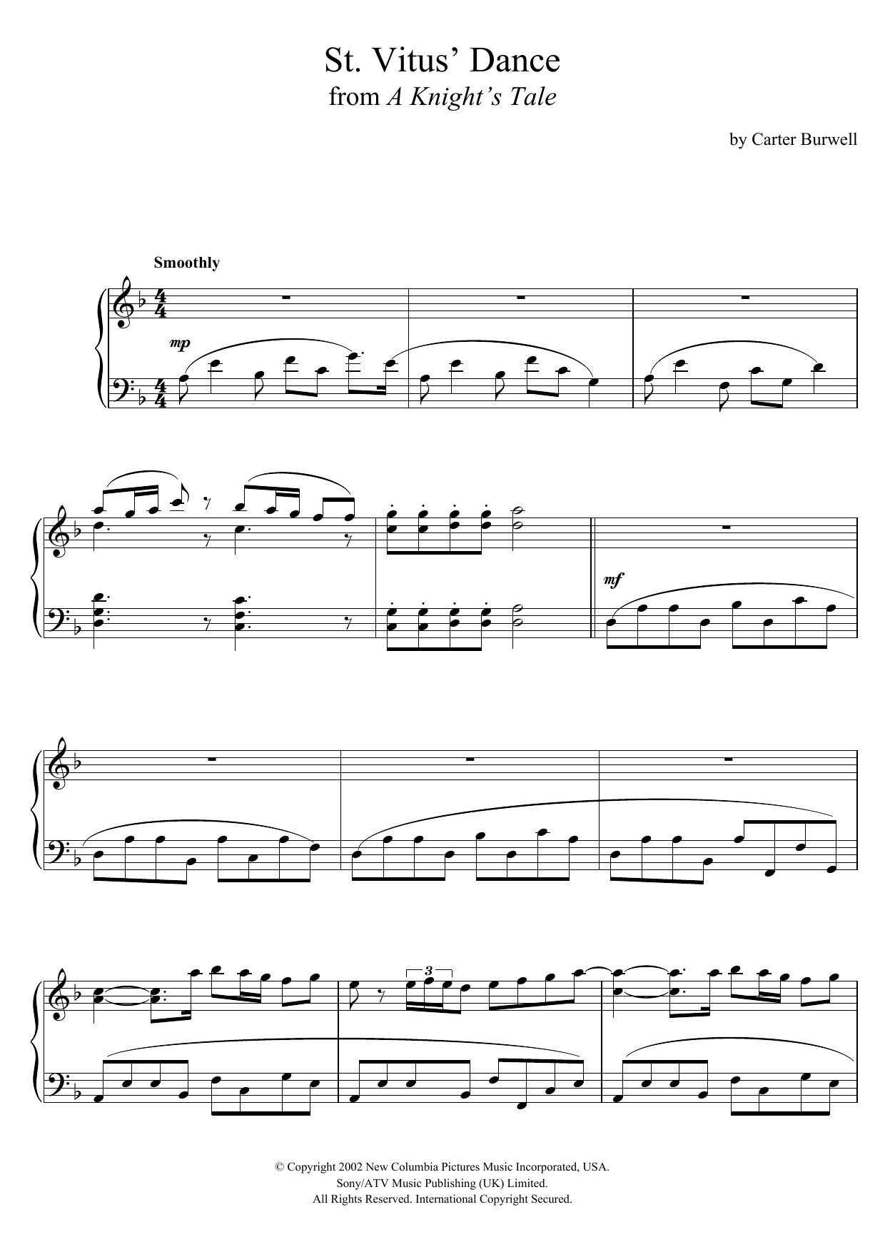 Learn to play Carter Burwell St. Vitus' Dance (from 'A Knight's Tale') sheet music for Piano Solo in minutes. Price: 7.8900$ Carter Burwell St. Vitus' Dance (from 'A Knight's Tale') sheet music notes and chords arranged for Piano Solo