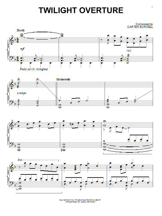 Learn to play Carter Burwell Twilight Overture sheet music for Piano Solo in minutes. Price: 7.8900$ Carter Burwell Twilight Overture sheet music notes and chords arranged for Piano Solo