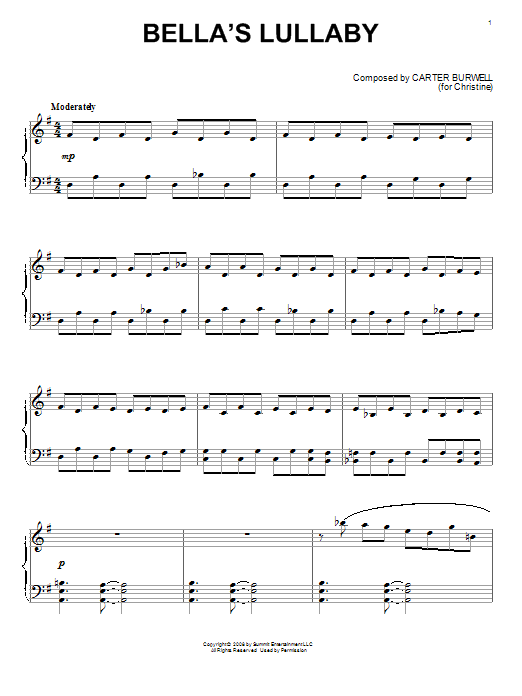 Carter Burwell Twilight Piano Solo Collection featuring Bella's Lullaby sheet music notes and chords. Download Printable PDF.