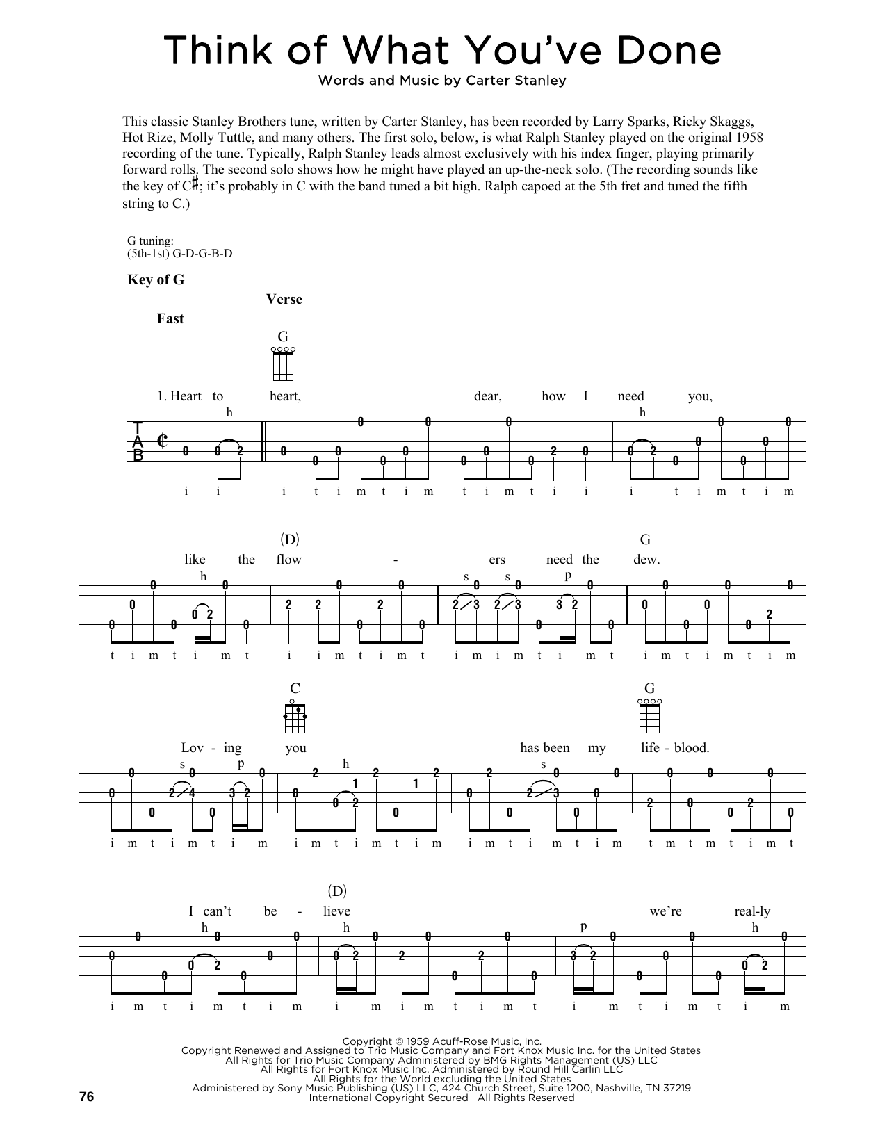 Carter Stanley Think Of What You've Done (arr. Fred Sokolow) sheet music notes and chords. Download Printable PDF.