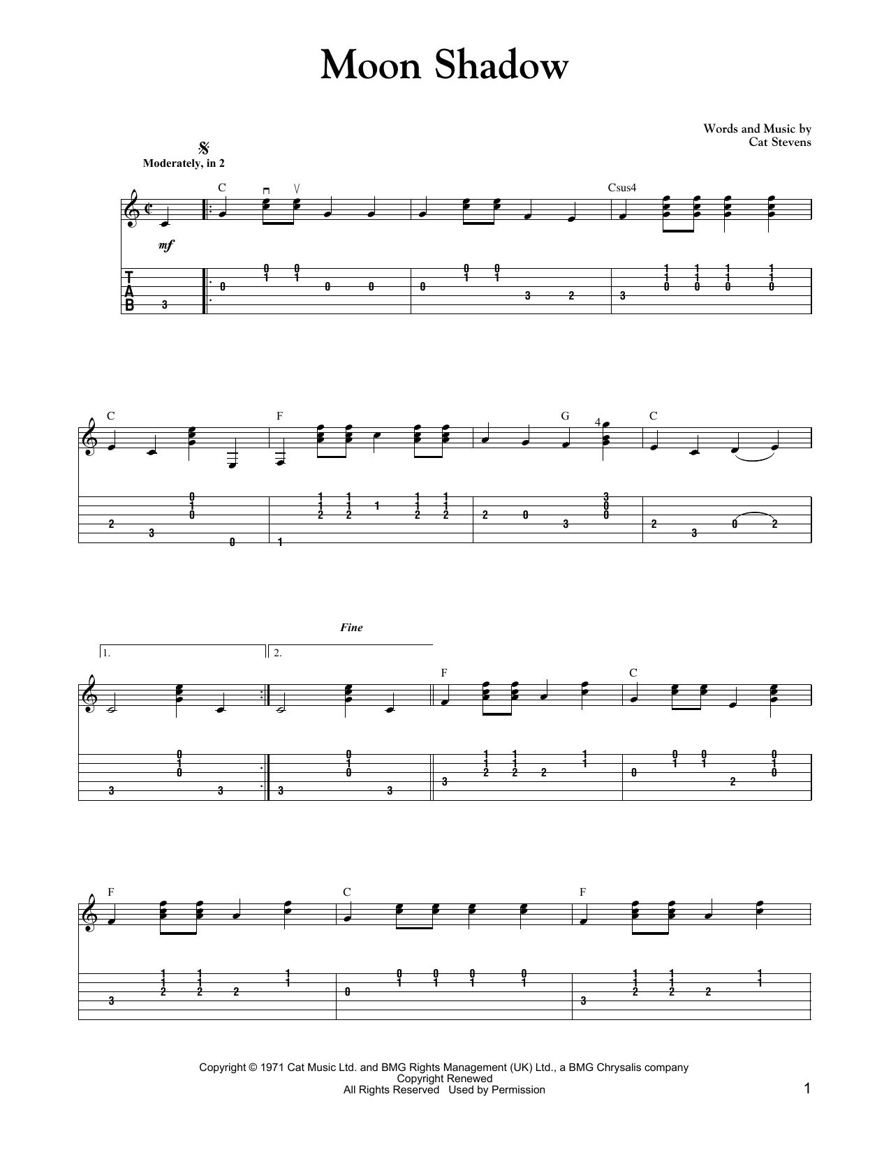 Carter Style Guitar Moon Shadow sheet music notes and chords arranged for Solo Guitar