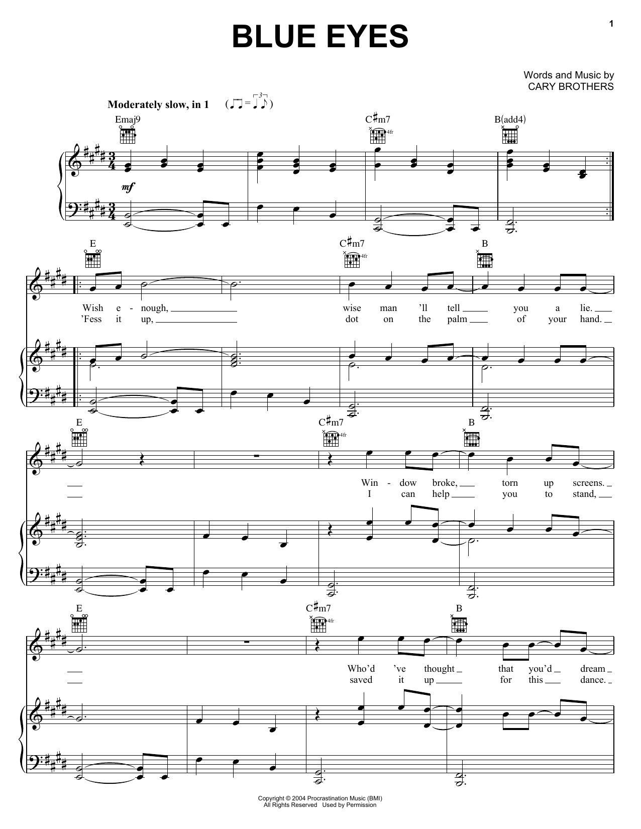 Cary Brothers Blue Eyes sheet music notes and chords arranged for Piano, Vocal & Guitar Chords (Right-Hand Melody)