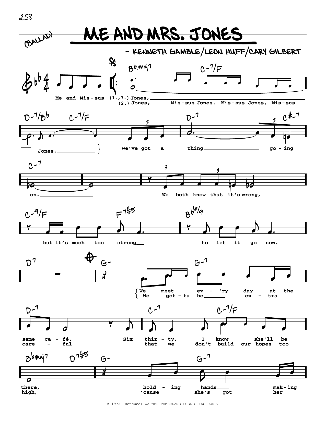 Learn to play Cary Gilbert Me And Mrs. Jones (High Voice) sheet music for Real Book – Melody, Lyrics & Chords in minutes. Price: 5.9900$ Cary Gilbert Me And Mrs. Jones (High Voice) sheet music notes and chords arranged for Real Book – Melody, Lyrics & Chords