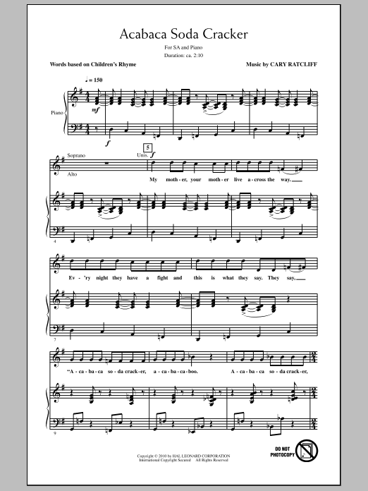 Learn to play Cary Ratcliff Acabaca Soda Cracker sheet music for 2-Part Choir in minutes. Price: 3.9900$ Cary Ratcliff Acabaca Soda Cracker sheet music notes and chords arranged for 2-Part Choir