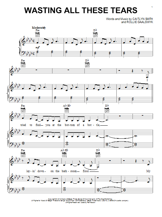 Learn to play Cassadee Pope Wasting All These Tears sheet music for Piano, Vocal & Guitar Chords (Right-Hand Melody) in minutes. Price: 7.8900$ Cassadee Pope Wasting All These Tears sheet music notes and chords arranged for Piano, Vocal & Guitar Chords (Right-Hand Melody)