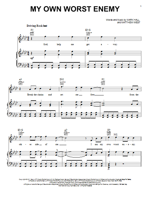 Learn to play Casting Crowns My Own Worst Enemy sheet music for Piano, Vocal & Guitar Chords (Right-Hand Melody) in minutes. Price: 7.8900$ Casting Crowns My Own Worst Enemy sheet music notes and chords arranged for Piano, Vocal & Guitar Chords (Right-Hand Melody)