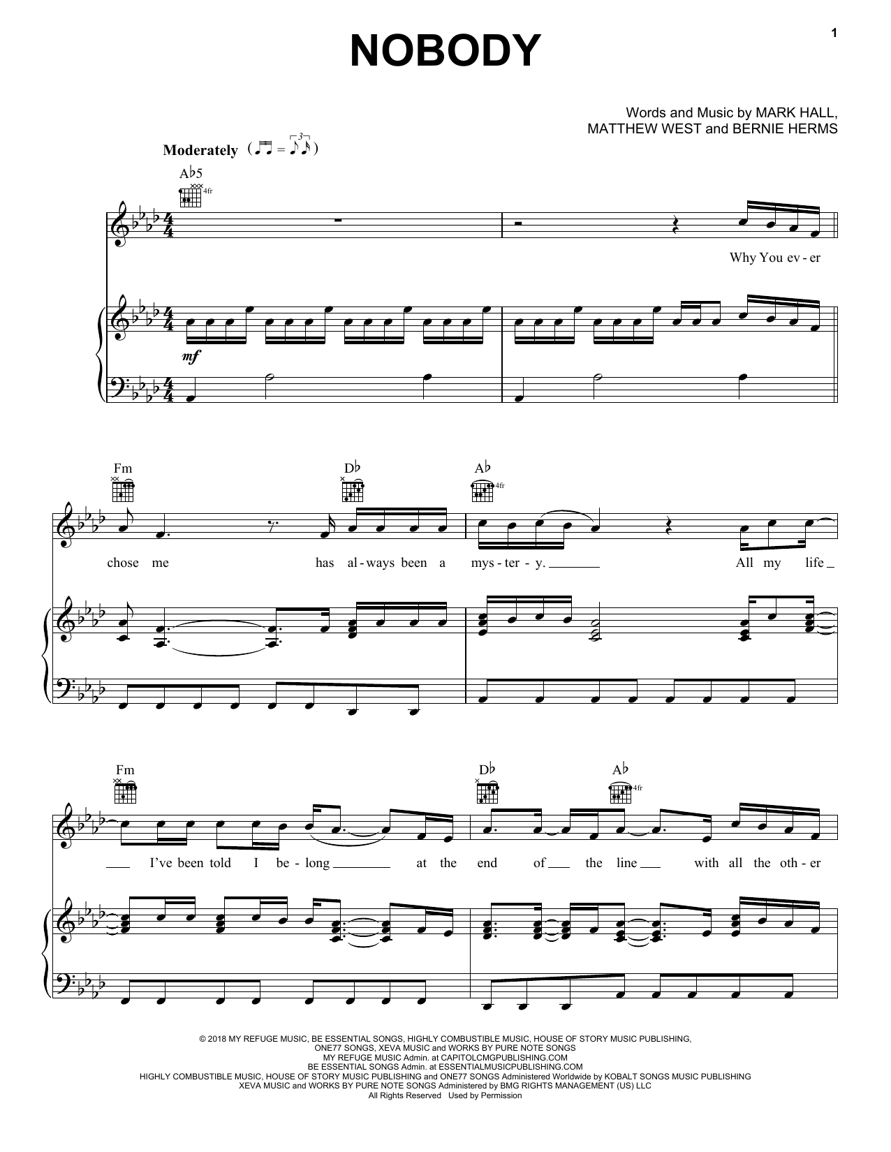 Casting Crowns Nobody sheet music notes and chords. Download Printable PDF.