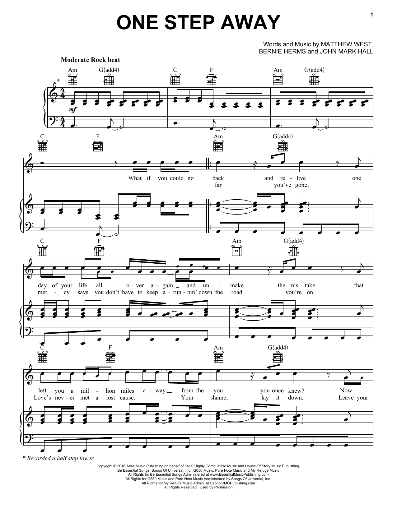 Casting Crowns One Step Away sheet music notes and chords. Download Printable PDF.