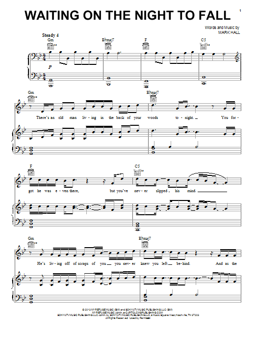 Learn to play Casting Crowns Waiting On The Night To Fall sheet music for Piano, Vocal & Guitar Chords (Right-Hand Melody) in minutes. Price: 7.8900$ Casting Crowns Waiting On The Night To Fall sheet music notes and chords arranged for Piano, Vocal & Guitar Chords (Right-Hand Melody)