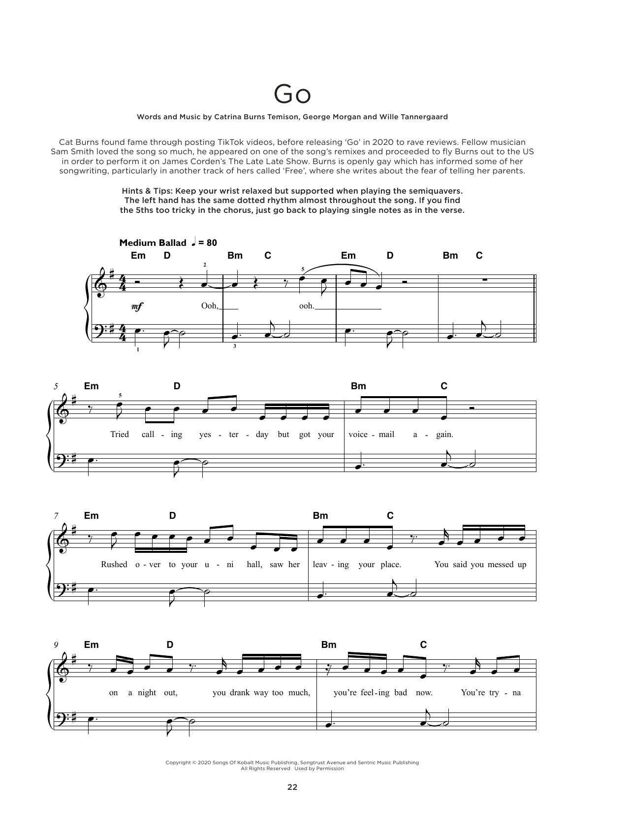 Cat Burns go sheet music notes and chords arranged for Really Easy Piano