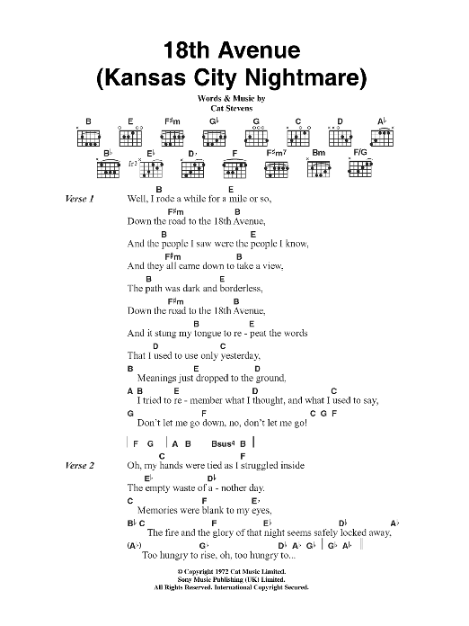 Cat Stevens 18th Avenue (Kansas City Nightmare) sheet music notes and chords. Download Printable PDF.