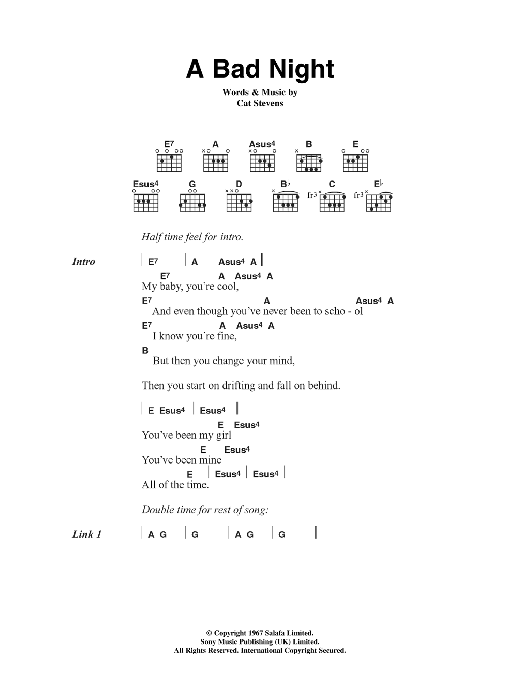 Cat Stevens A Bad Night sheet music notes and chords. Download Printable PDF.