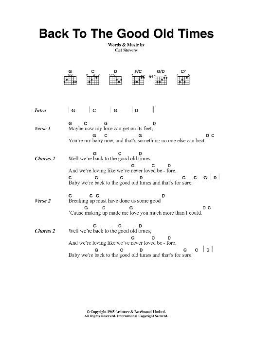 Cat Stevens Back To The Good Old Times sheet music notes and chords. Download Printable PDF.