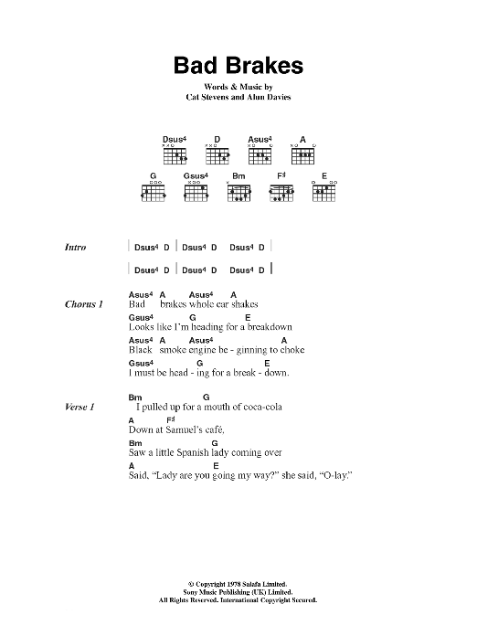 Cat Stevens Bad Brakes sheet music notes and chords. Download Printable PDF.