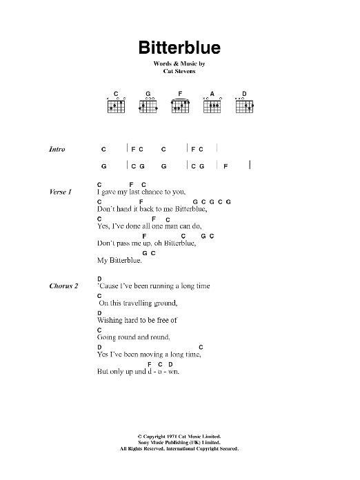 Cat Stevens Bitterblue sheet music notes and chords. Download Printable PDF.