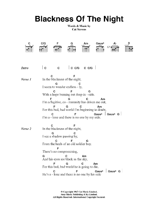 Cat Stevens Blackness Of The Night sheet music notes and chords. Download Printable PDF.