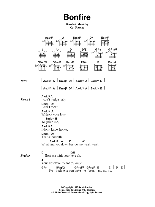 Cat Stevens Bonfire sheet music notes and chords. Download Printable PDF.