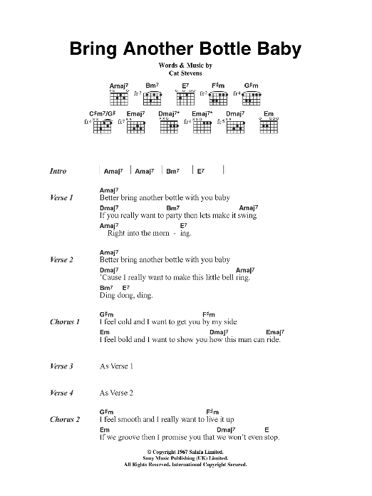 Cat Stevens Bring Another Bottle Baby sheet music notes and chords. Download Printable PDF.