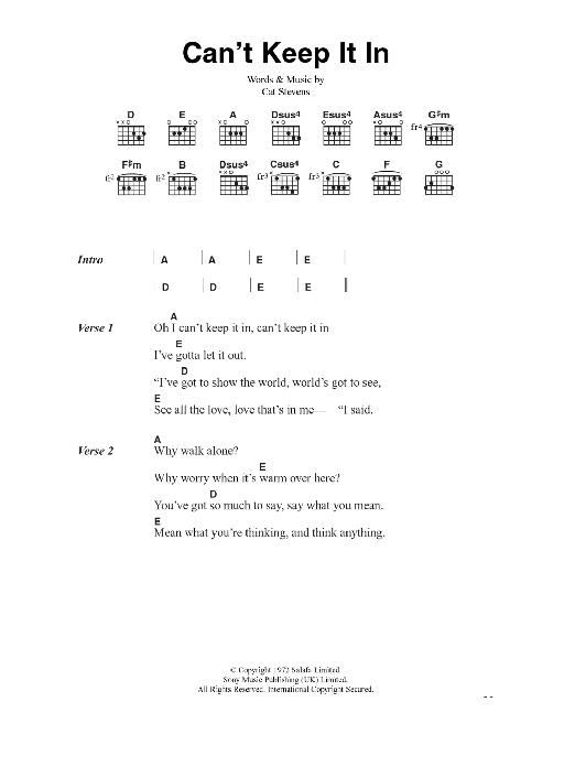 Learn to play Cat Stevens Can't Keep It In sheet music for Piano, Vocal & Guitar Chords in minutes. Price: 7.8900$ Cat Stevens Can't Keep It In sheet music notes and chords arranged for Piano, Vocal & Guitar Chords