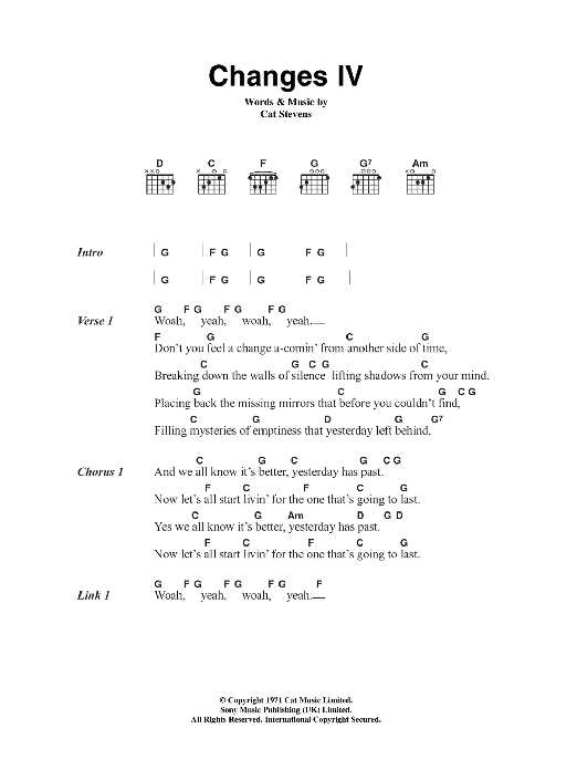 Cat Stevens Changes IV sheet music notes and chords. Download Printable PDF.