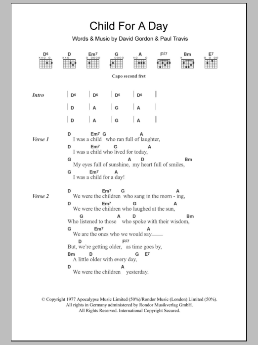 Cat Stevens Child For A Day sheet music notes and chords. Download Printable PDF.