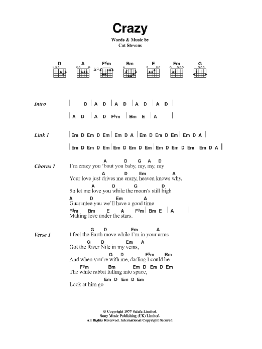 Cat Stevens Crazy sheet music notes and chords. Download Printable PDF.