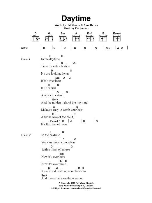 Cat Stevens Daytime sheet music notes and chords. Download Printable PDF.