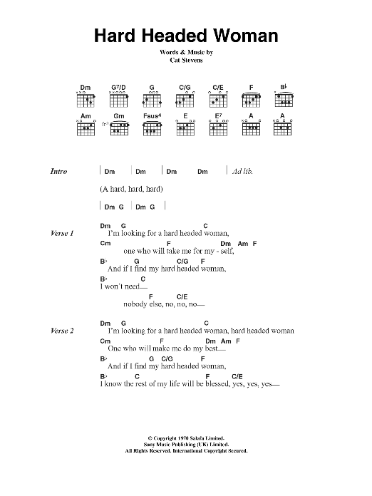 Cat Stevens Hard Headed Woman sheet music notes and chords. Download Printable PDF.