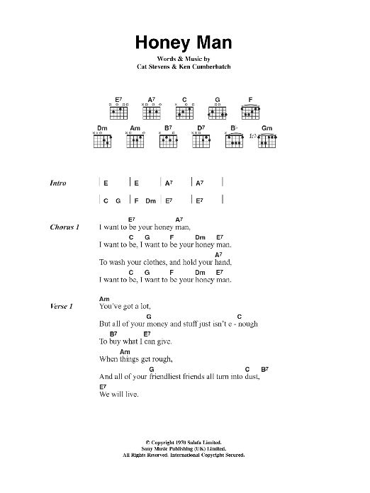 Cat Stevens Honey Man sheet music notes and chords. Download Printable PDF.