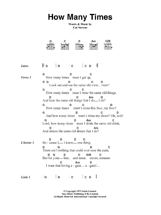 Cat Stevens How Many Times sheet music notes and chords. Download Printable PDF.