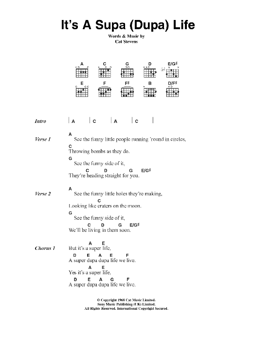 Cat Stevens It's A Supa (Dupa) Life sheet music notes and chords. Download Printable PDF.