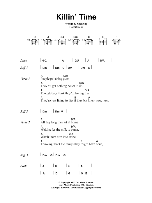 Cat Stevens Killin' Time sheet music notes and chords. Download Printable PDF.