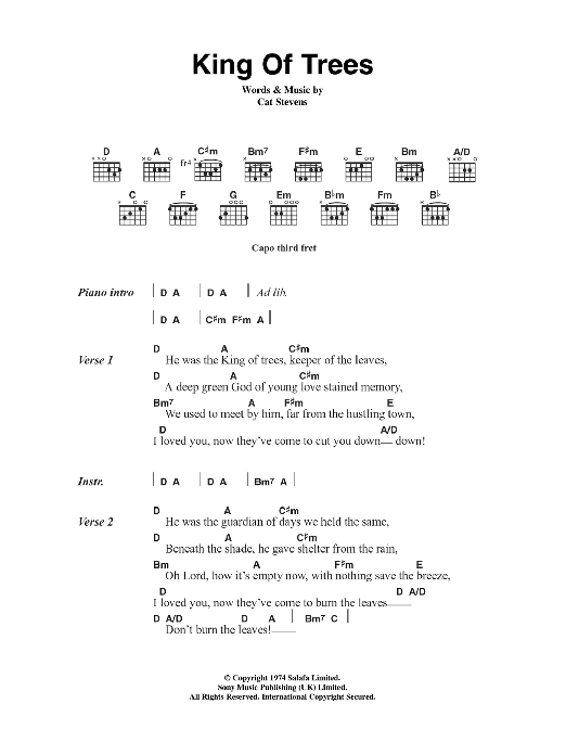 Learn to play Cat Stevens King Of Trees sheet music for Guitar Chords/Lyrics in minutes. Price: 4.4900$ Cat Stevens King Of Trees sheet music notes and chords arranged for Guitar Chords/Lyrics