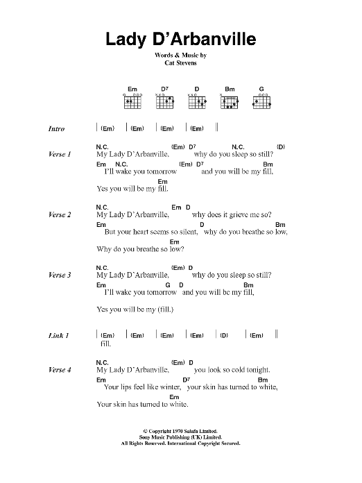 Cat Stevens Lady D'Arbanville sheet music notes and chords. Download Printable PDF.