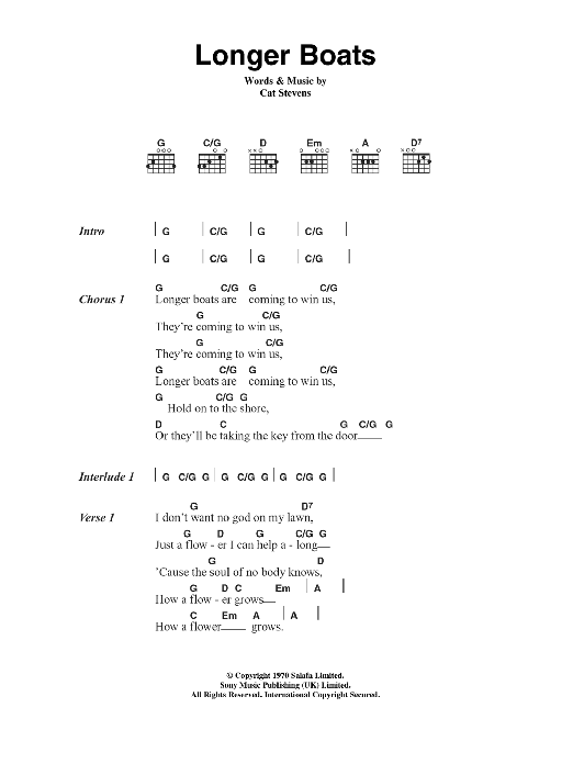 Cat Stevens Longer Boats sheet music notes and chords. Download Printable PDF.