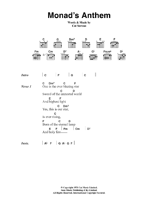 Cat Stevens Monad's Anthem sheet music notes and chords. Download Printable PDF.