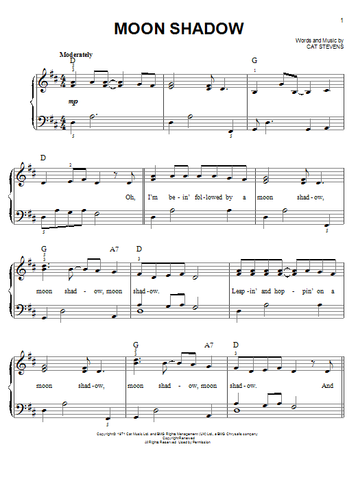 Cat Stevens Moonshadow sheet music notes and chords. Download Printable PDF.