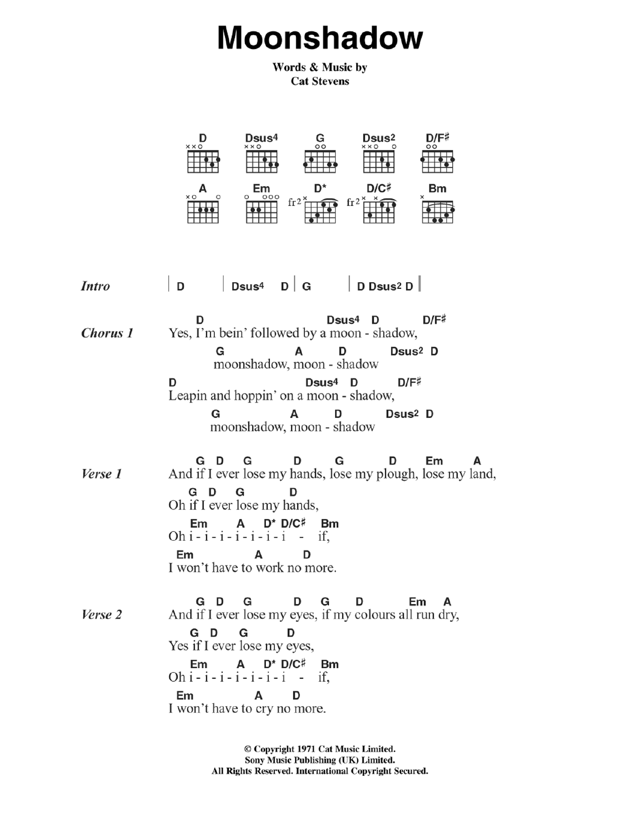 Cat Stevens Moonshadow sheet music notes and chords. Download Printable PDF.