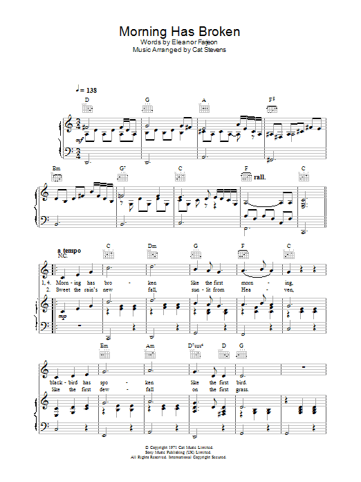 Cat Stevens Morning Has Broken (from the musical 'Moonshadow') sheet music notes and chords. Download Printable PDF.