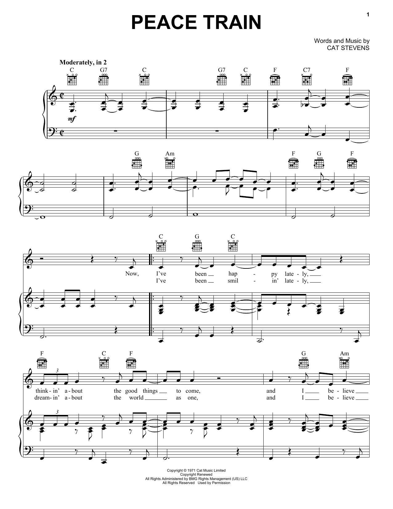 Cat Stevens Peace Train sheet music notes and chords. Download Printable PDF.