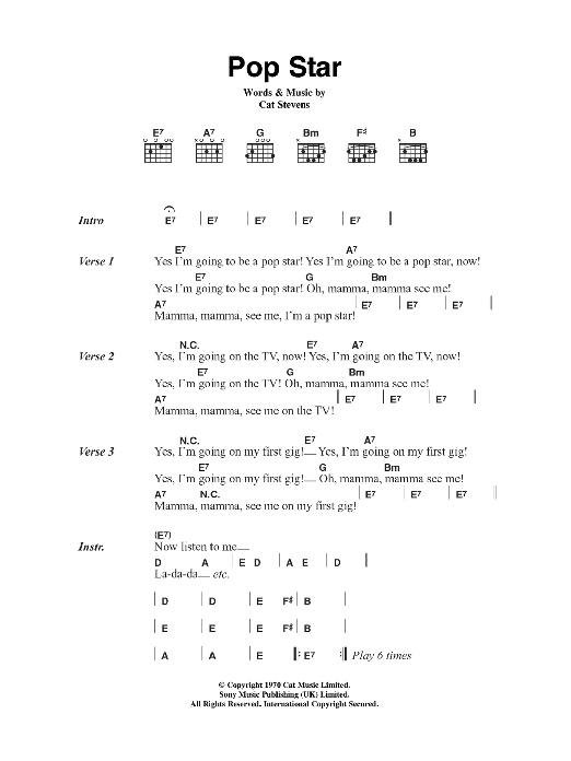 Learn to play Cat Stevens Pop Star sheet music for Guitar Chords/Lyrics in minutes. Price: 4.4900$ Cat Stevens Pop Star sheet music notes and chords arranged for Guitar Chords/Lyrics