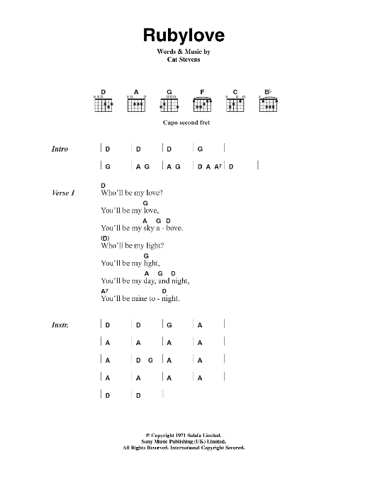 Cat Stevens Rubylove sheet music notes and chords arranged for Piano, Vocal & Guitar Chords