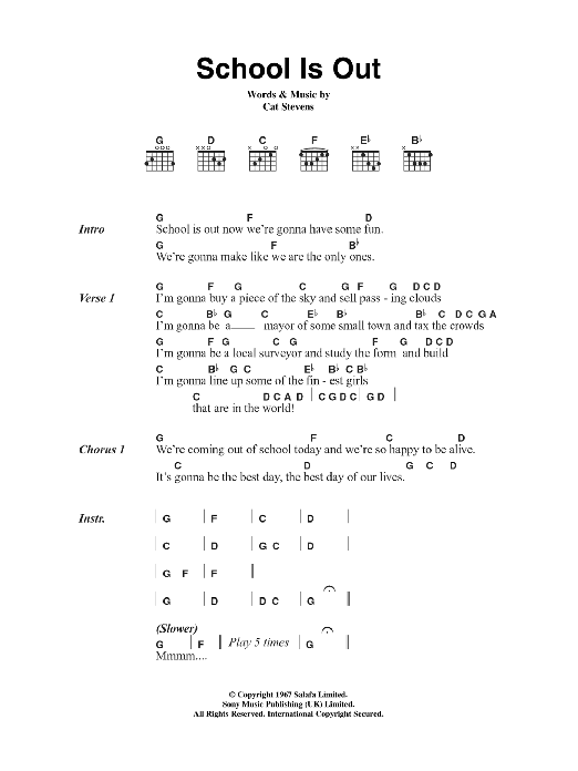 Cat Stevens School Is Out sheet music notes and chords. Download Printable PDF.