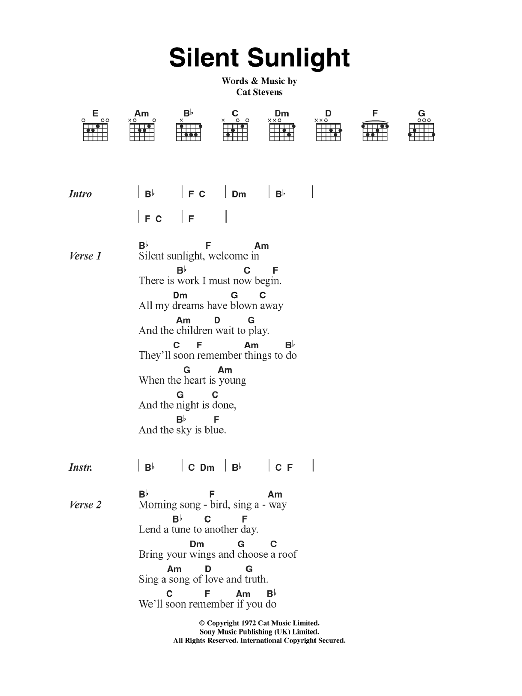 Cat Stevens Silent Sunlight sheet music notes and chords. Download Printable PDF.