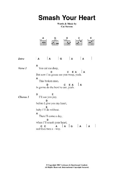 Cat Stevens Smash Your Heart sheet music notes and chords. Download Printable PDF.