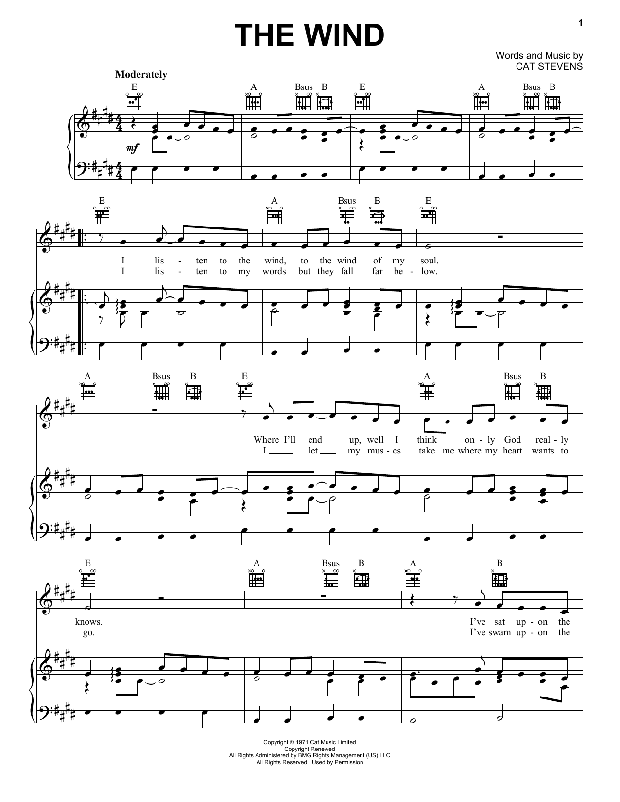 Cat Stevens The Wind sheet music notes and chords. Download Printable PDF.